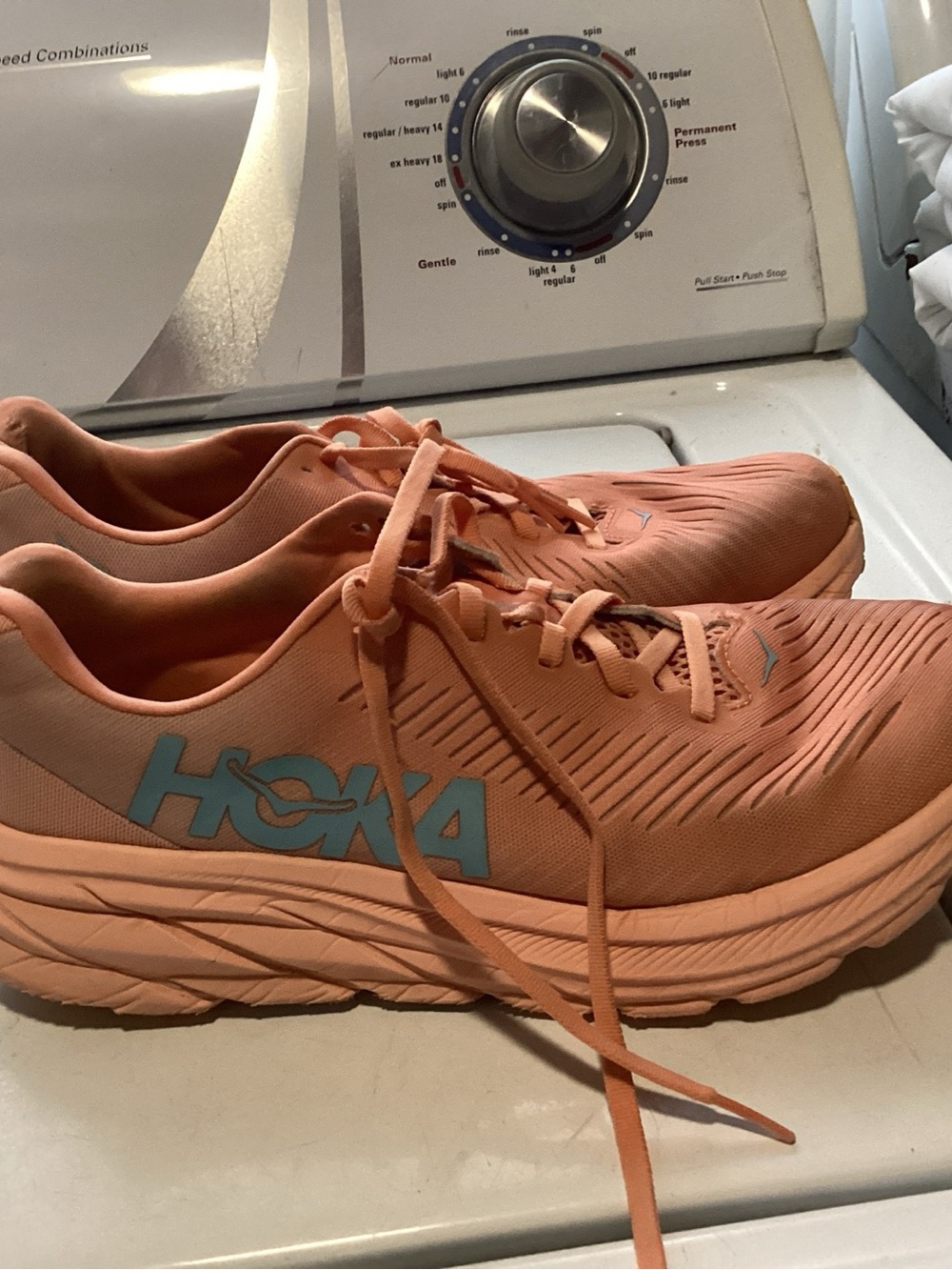 Hoka Pink and Blue Accent Running Shoe (partial view)